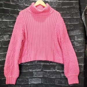 Miracle USA Popcorn Sweater Womens M/L Pink Knit Cowl Neck Balloon Sleeve Preppy